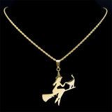 Stainless Steel Witch Broom Cat Magic Witchcraft Necklace for Women Men