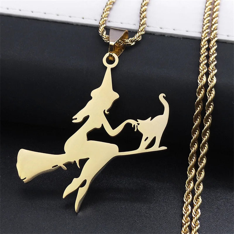 Stainless Steel Witch Broom Cat Magic Witchcraft Necklace for Women Men