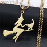 Stainless Steel Witch Broom Cat Magic Witchcraft Necklace for Women Men