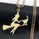 Stainless Steel Witch Broom Cat Magic Witchcraft Necklace for Women Men