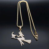 Stainless Steel Witch Broom Cat Magic Witchcraft Necklace for Women Men