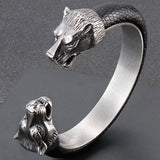 Stainless Steel Wolf Head Cuff Bangle Bracelet Men Leather 