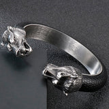Stainless Steel Wolf Head Cuff Bangle Bracelet Men Leather 