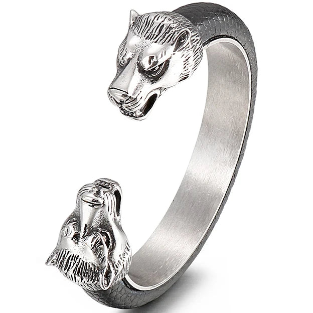 Stainless Steel Wolf Head Cuff Bangle Bracelet Men Leather 