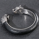 Stainless Steel Wolf Head Cuff Bangle Bracelet Men Leather 