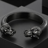 Stainless Steel Wolf Head Cuff Bangle Bracelet Men Leather 
