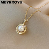 Stainless Steel Zircon Pearl Pendant Necklace For Women