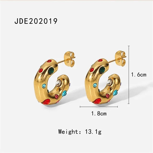 Stainless Steel C Shape Ear Studs Plated Zircon Earrings