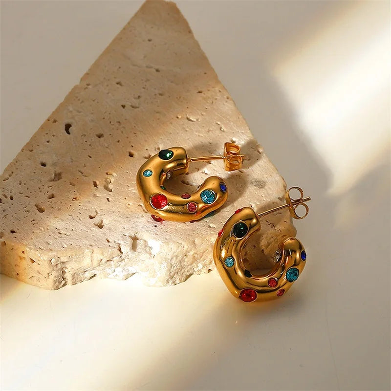 Stainless Steel C Shape Ear Studs Plated Zircon Earrings
