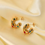Stainless Steel C Shape Ear Studs Plated Zircon Earrings