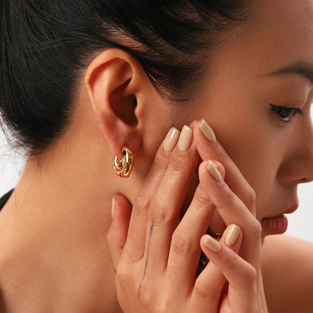 Stainless Steel C Shape Ear Studs Plated Zircon Earrings