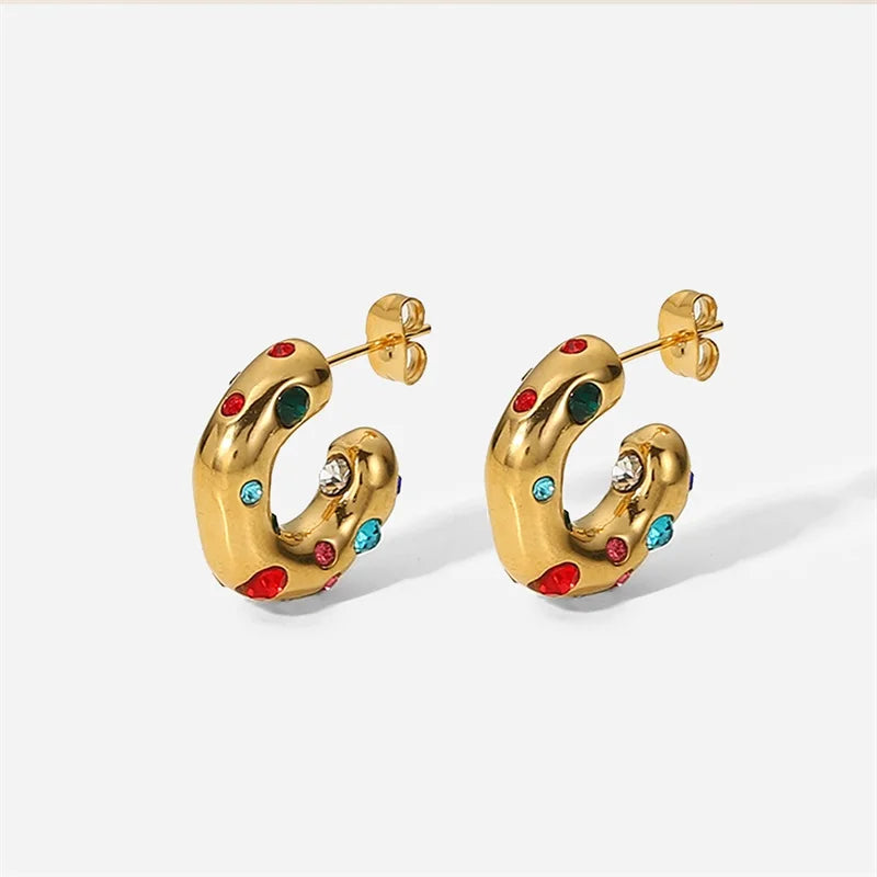 Stainless Steel C Shape Ear Studs Plated Zircon Earrings