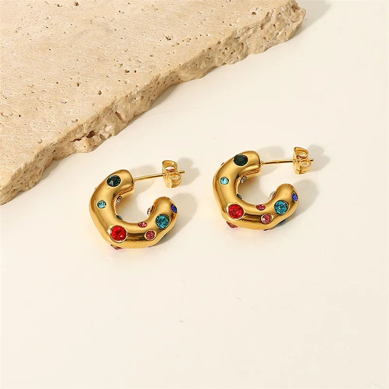 Stainless Steel C Shape Ear Studs Plated Zircon Earrings
