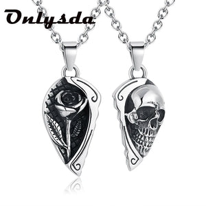 Heart Flowers&Skull Couple Pendant Necklace Gothic Punk Men Women Valentines