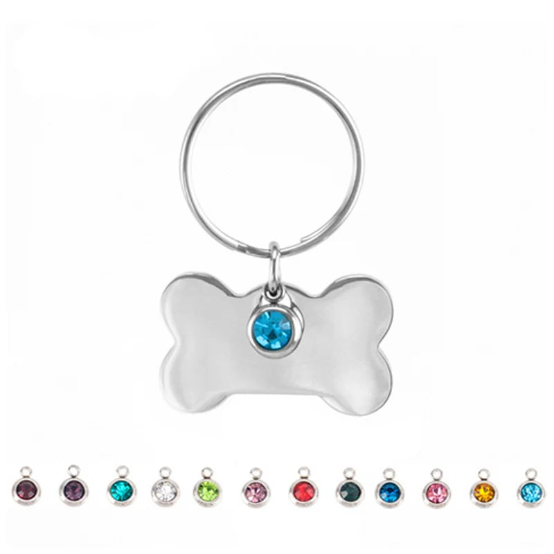 Dog Bone Key Chain with Birth Stones - Stainless Steel - 12 Colors