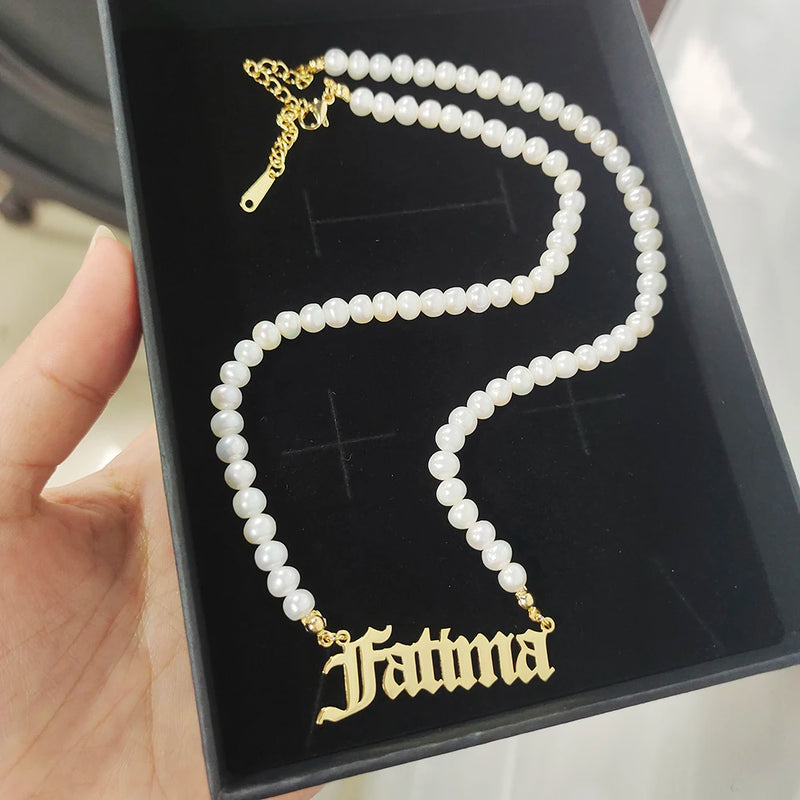 Stainless Steel Pearl Pendant Letters Necklace