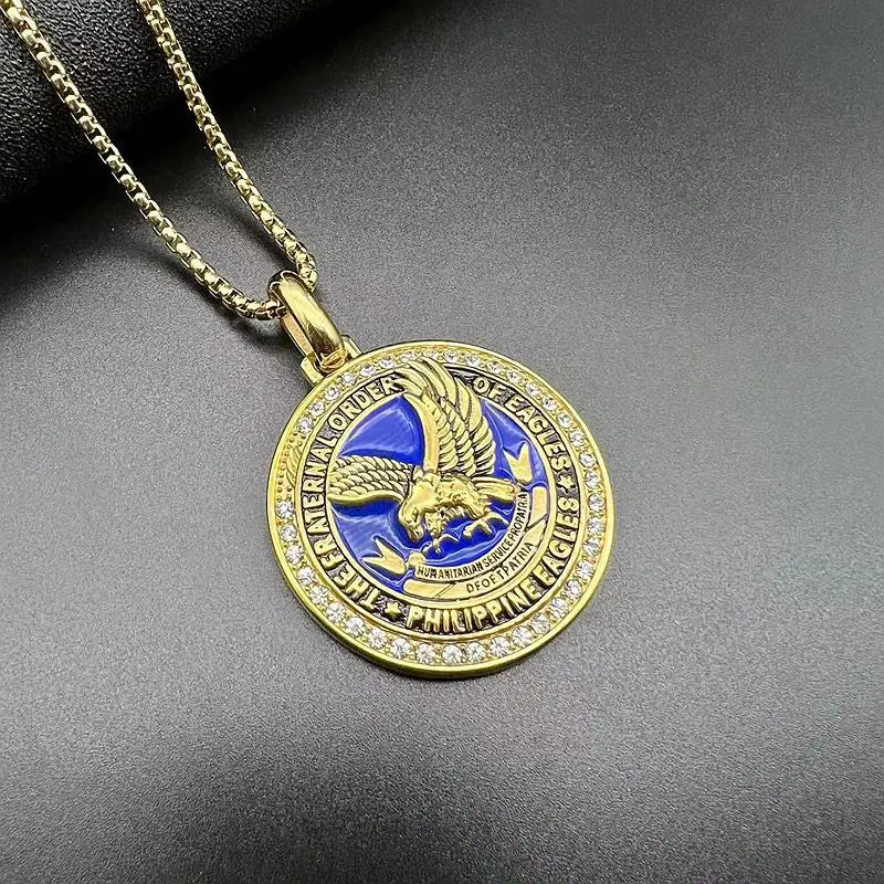 Vintage Stainless Steel Eagle Pendant with Blackened Glue Lettering