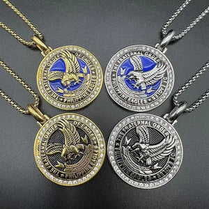 Vintage Stainless Steel Eagle Pendant with Blackened Glue Lettering