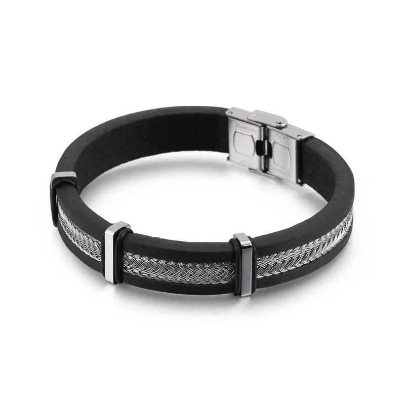 Men's Titanium Steel Bracelet, Leather Band