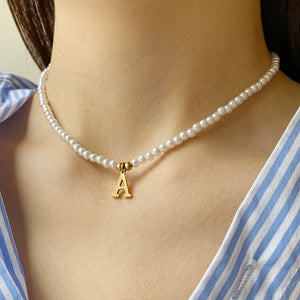 Stainless Steel Initial Pendant Necklace with Simulated Pearls
