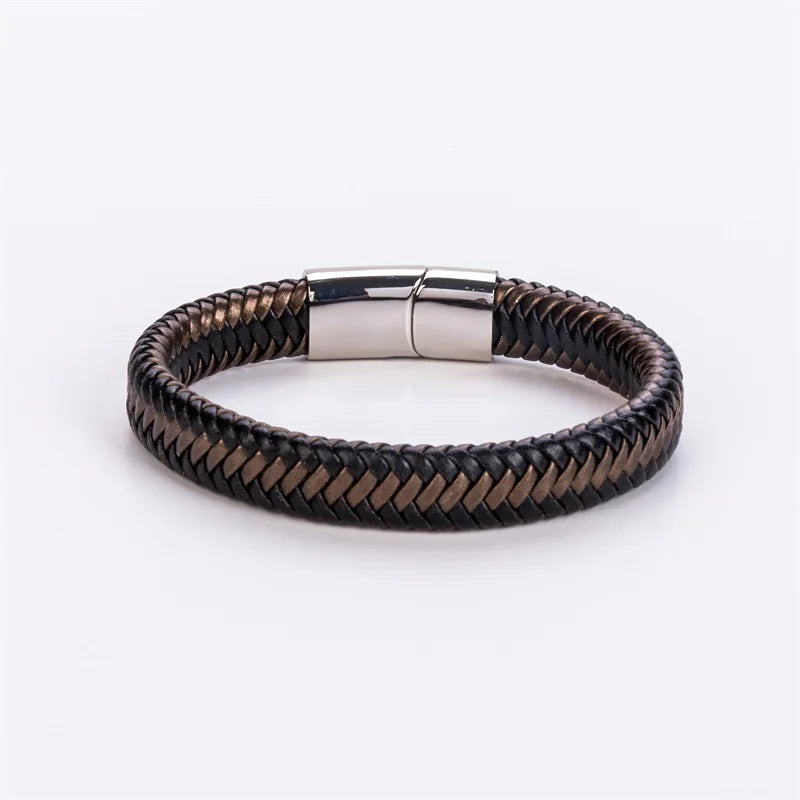 Stainless Steel Men's Leather Woven Bracelet