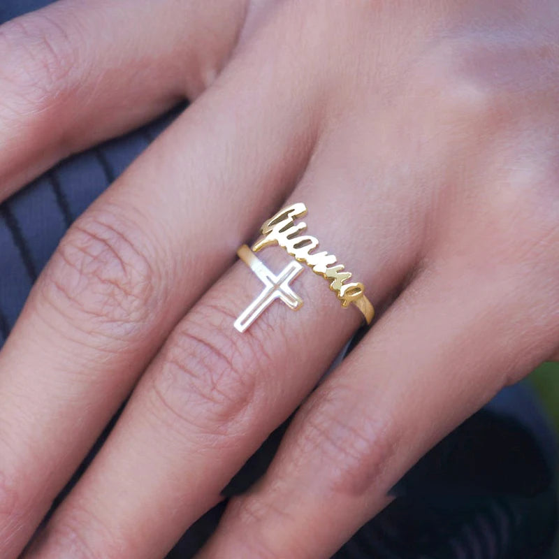 Stainless Steel Personalized Cross Double Wrap Ring - Gold, Rose, Silver