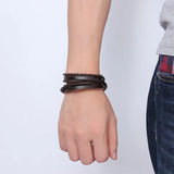 Stainless Steel Brown Leather Rope Bracelet for Men