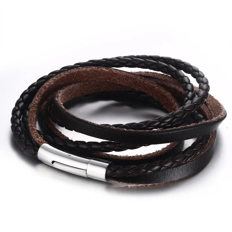 Stainless Steel Brown Leather Rope Bracelet for Men