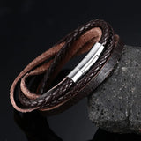 Stainless Steel Brown Leather Rope Bracelet for Men