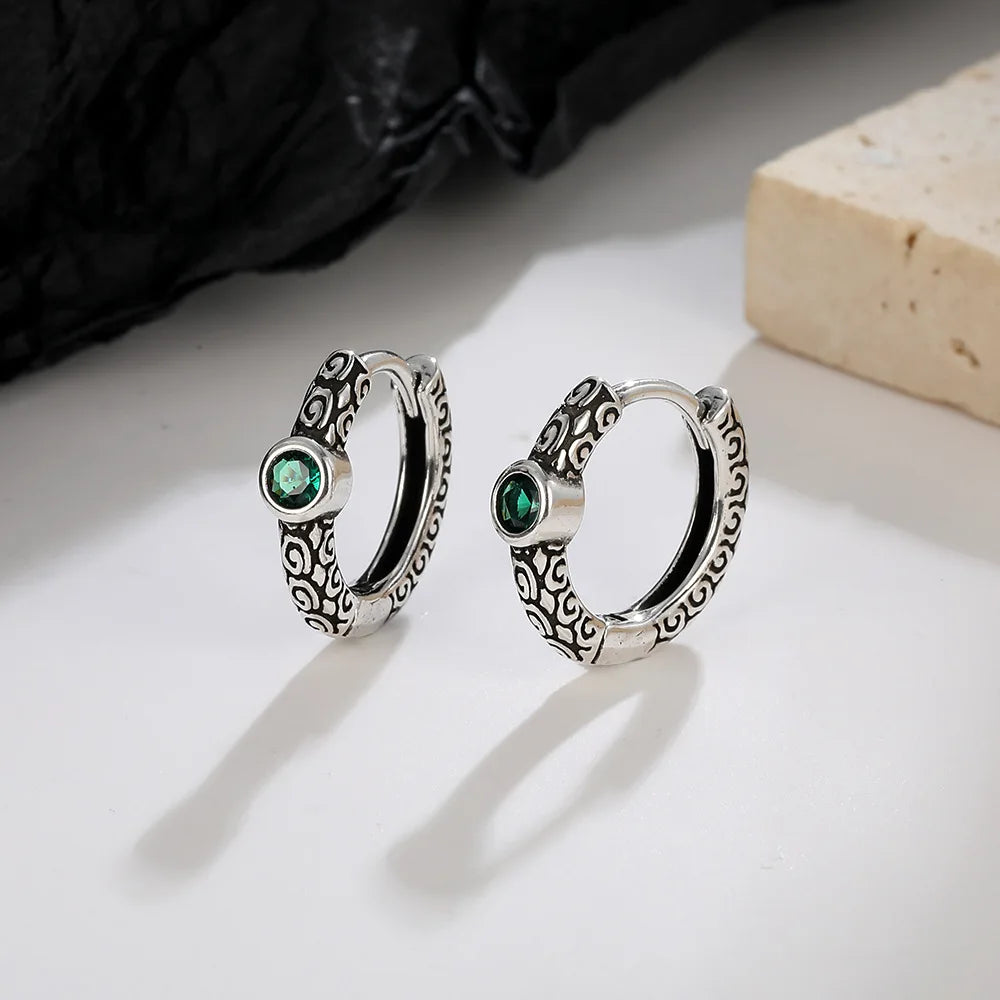 925 Sterling Silver Vintage Green Emerald Hoop Earrings Women Statement Jewelry