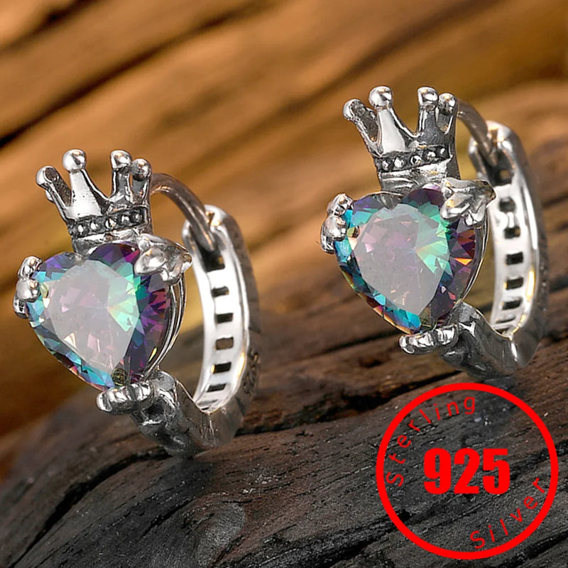 925 Silver Retro Crown Zircon Love Ear Buckle Earrings
