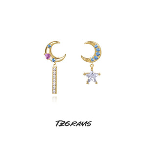 925 Silver Zircon Moon Star Earrings Retro Asymmetric Plated Fine Jewelry