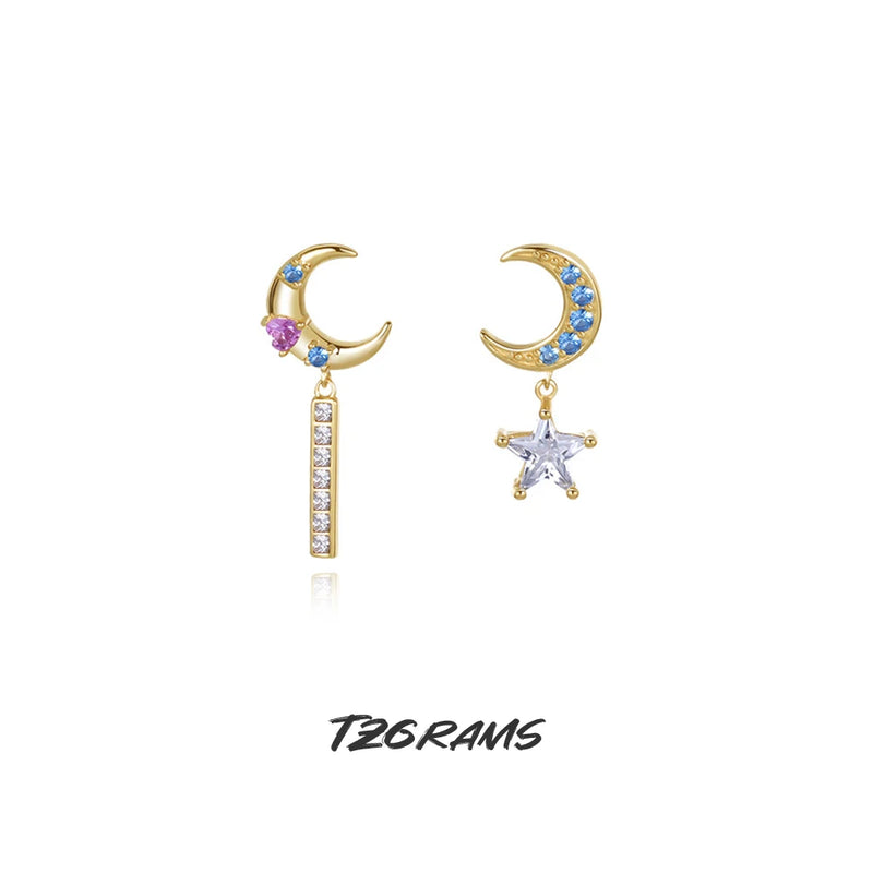 925 Silver Zircon Moon Star Earrings Retro Asymmetric Plated Fine Jewelry