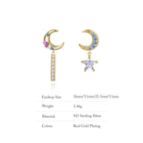 925 Silver Zircon Moon Star Earrings Retro Asymmetric Plated Fine Jewelry