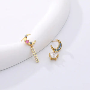 925 Silver Zircon Moon Star Earrings Retro Asymmetric Plated Fine Jewelry