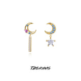 925 Silver Zircon Moon Star Earrings Retro Asymmetric Plated Fine Jewelry