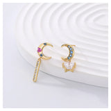 925 Silver Zircon Moon Star Earrings Retro Asymmetric Plated Fine Jewelry