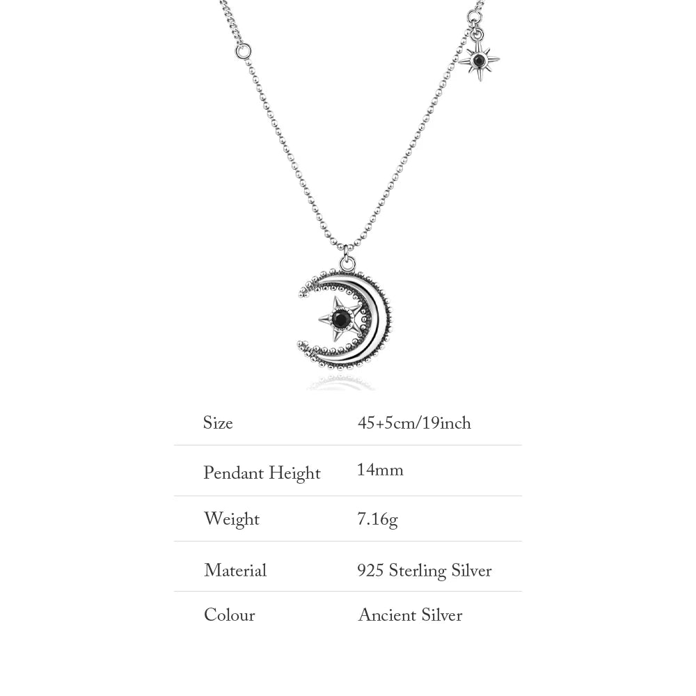 925 Moon Star Necklace Vintage Silver Hiphop Birthday Party Jewelry