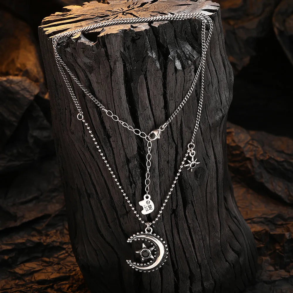 925 Moon Star Necklace Vintage Silver Hiphop Birthday Party Jewelry