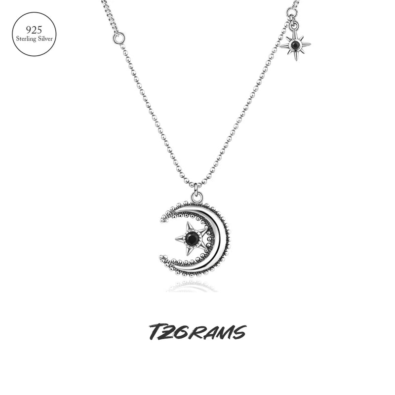 925 Moon Star Necklace Vintage Silver Hiphop Birthday Party Jewelry
