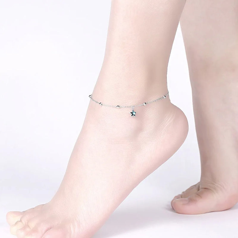 925 Sterling Silver Star Crystal Anklet Round Bead Chain