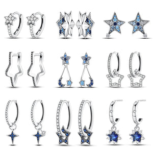 925 Silver Star Zircon Earrings Sparkling Hoop Party Jewelry