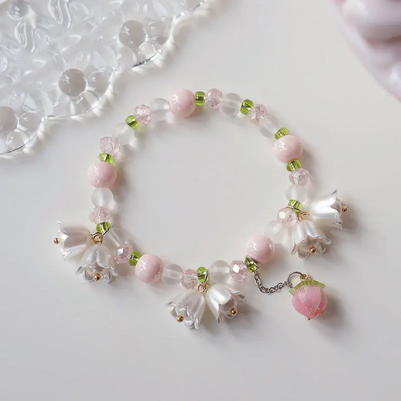 Y2K Flower Bracelets Natural Pearls Beaded Crystal Charms