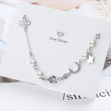Star Moon Charm Wild Pearl 925 Sterling Silver Moonstone Bracelet