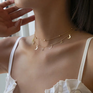 Star & Moon Pendant Double Layers Necklace Women Collares