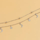 Star & Moon Pendant Double Layers Necklace Women Collares