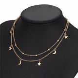 Star & Moon Pendant Double Layers Necklace Women Collares