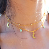 Star & Moon Pendant Double Layers Necklace Women Collares