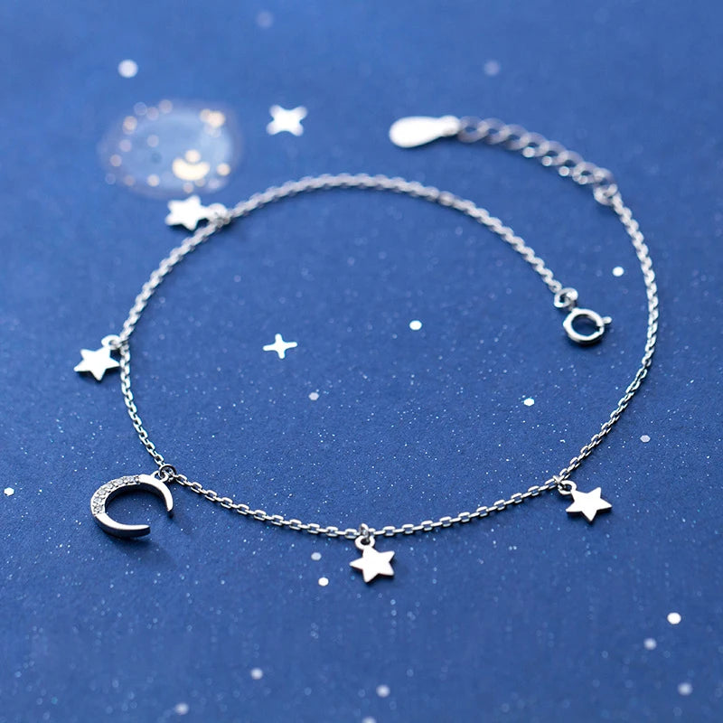 Star Moon Tassel 925 Silver Ankle Chain Bracelet For Women