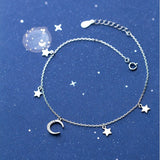 Star Moon Tassel 925 Silver Ankle Chain Bracelet For Women